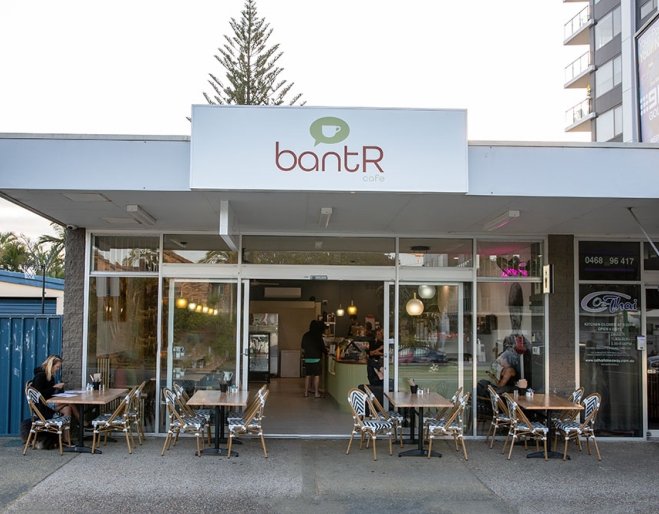 Exterior facade and seating outside Bantr Cafe Palm Beach