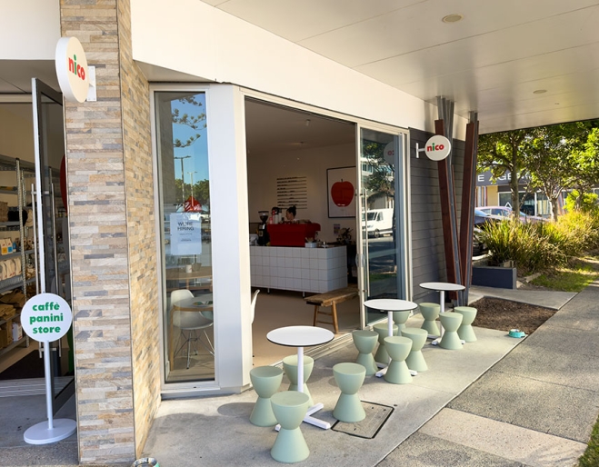 Exterior and seating outside Nico deli shop