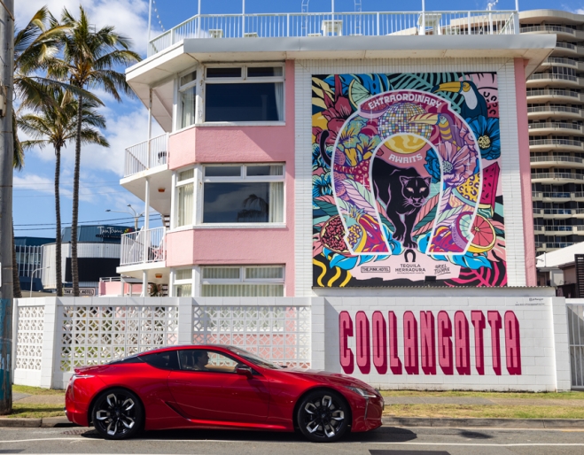 A red Lexus parked out the front of The Pink Hotel Coolangatta 