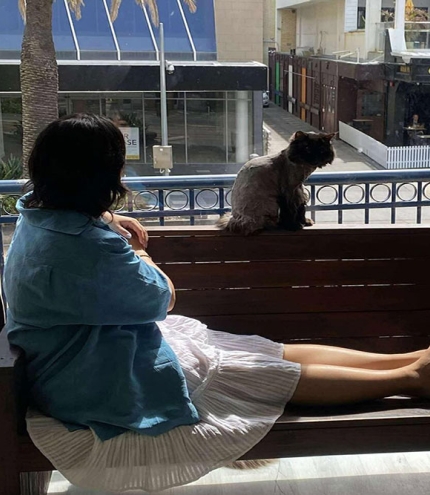 Woman sitting on balcony with cat Crazy Cat Cafe