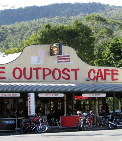 Facade with sign outside the Outpost Cafe, Canungra