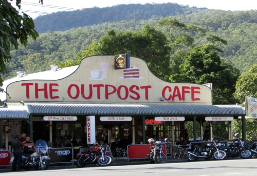 Facade with sign outside the Outpost Cafe, Canungra