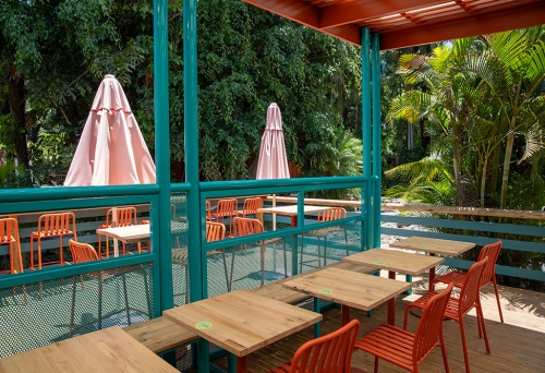 Umbrellas and terrace seatiig at Cook Club