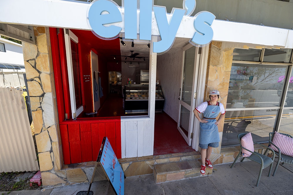 Owner standing outside Elly's Gelato