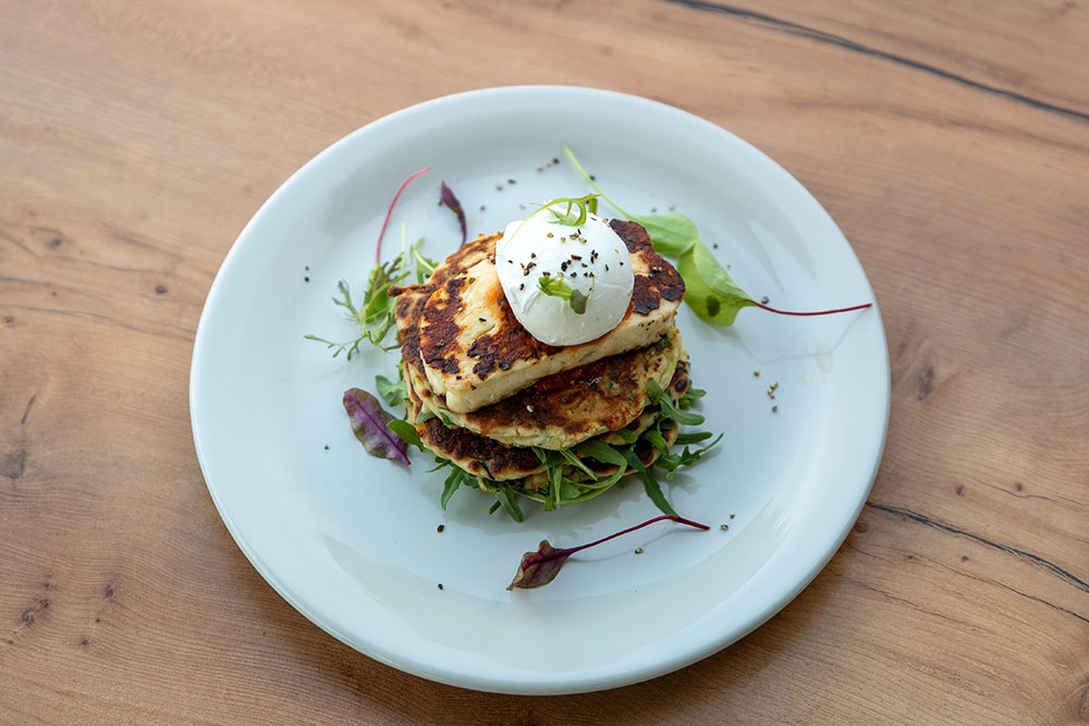 Zucchini and corn fritter stack at Bantr Cafe, Palm Beach