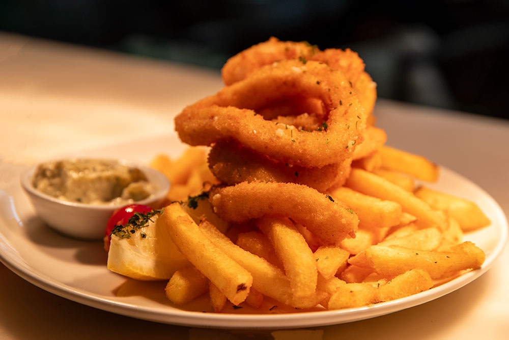 plate of calamari & chips at Georges Pizza Wine Bar, Burleigh Heads