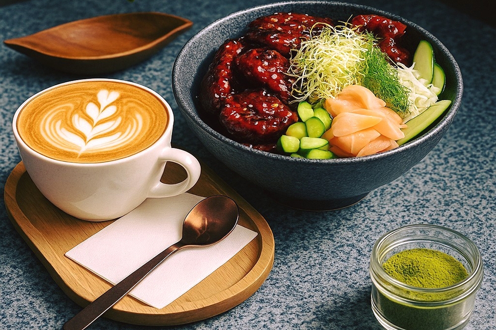 Bowl of food and coffee at Supermarcat Cat Cafe Southport